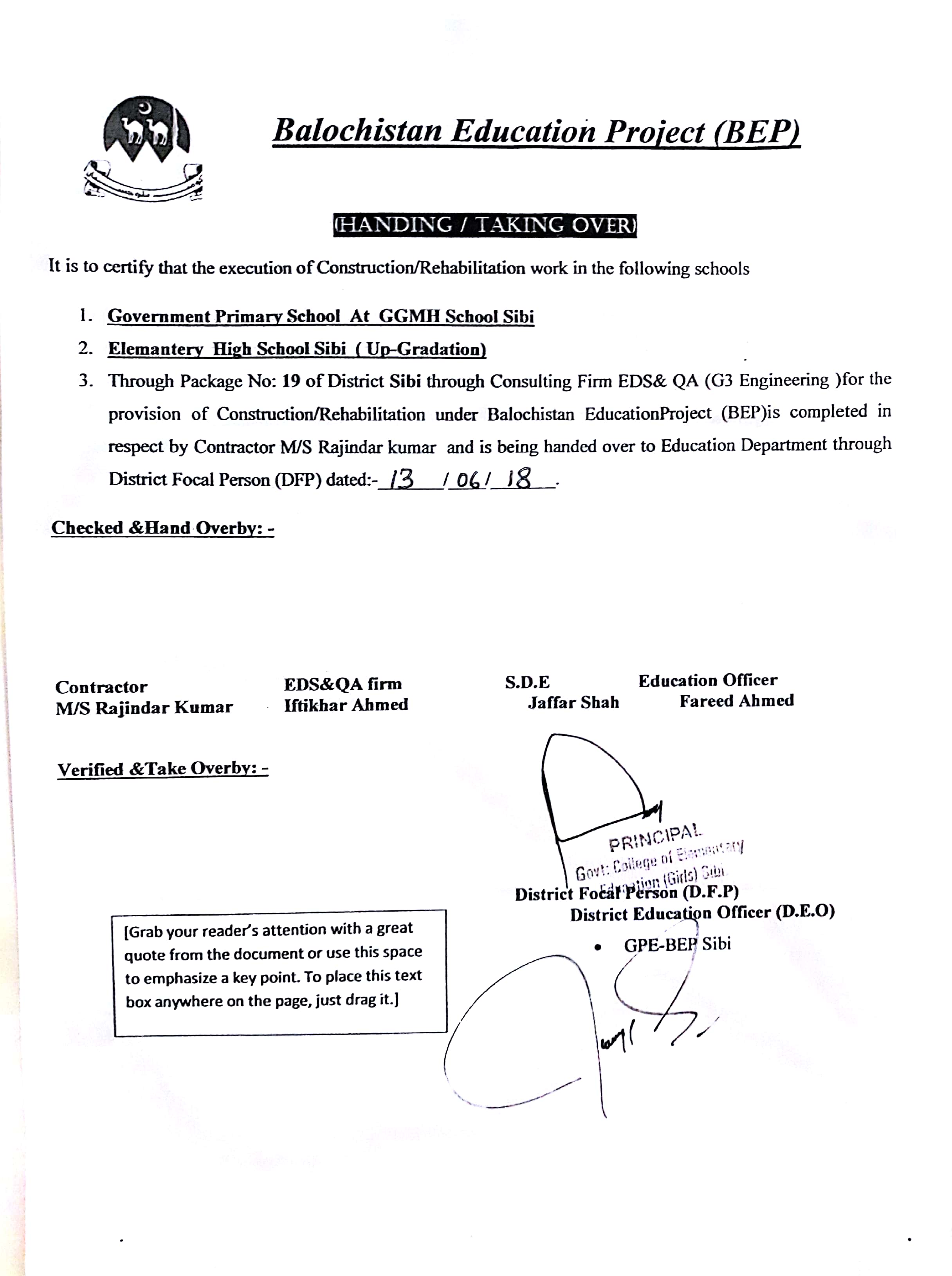 Handing Over Certificate